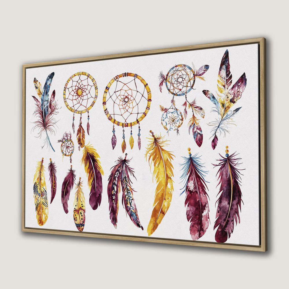Canvas Print featuring watercolor feathers and dreamcatchers in warm, earthy tones. Bohemian style Framed Wall Art.