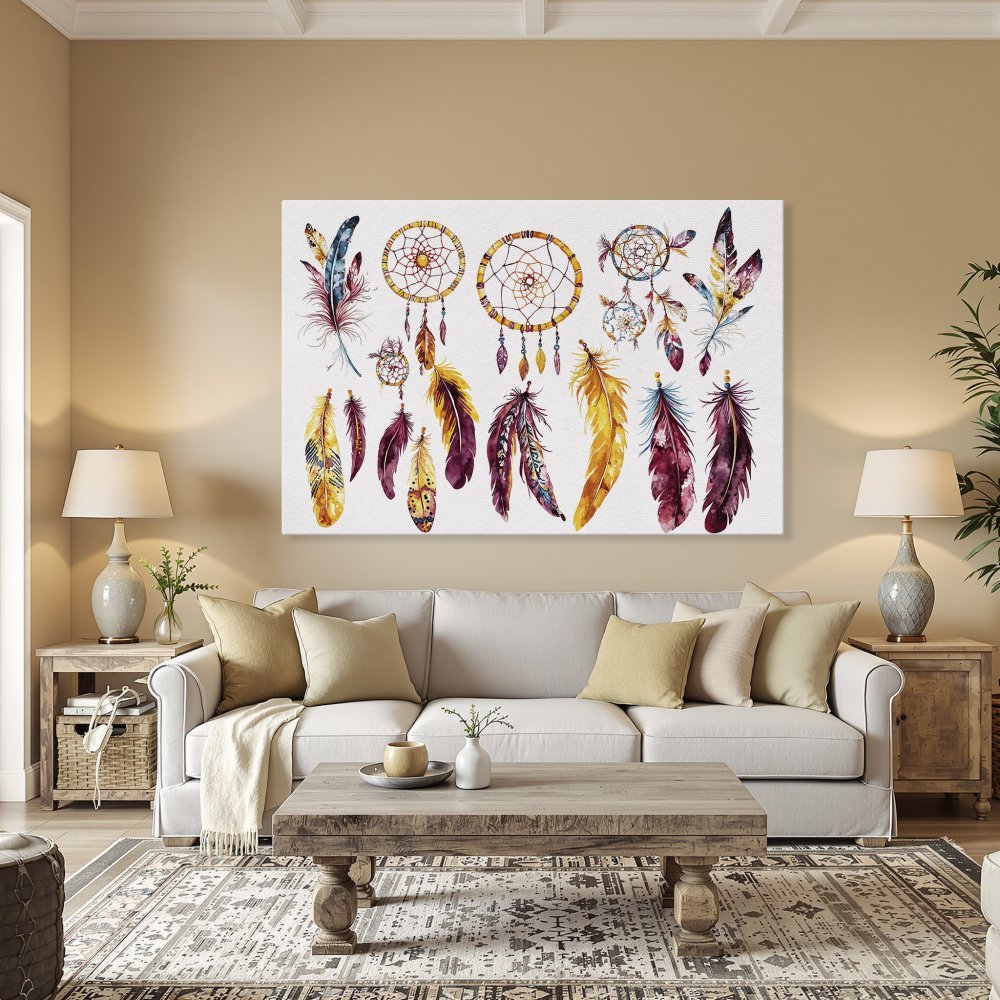 Framed Wall Art featuring dreamcatchers and feathers in watercolor style. Warm, earthy tones of gold, red, and purple. Perfect for boho home decor.