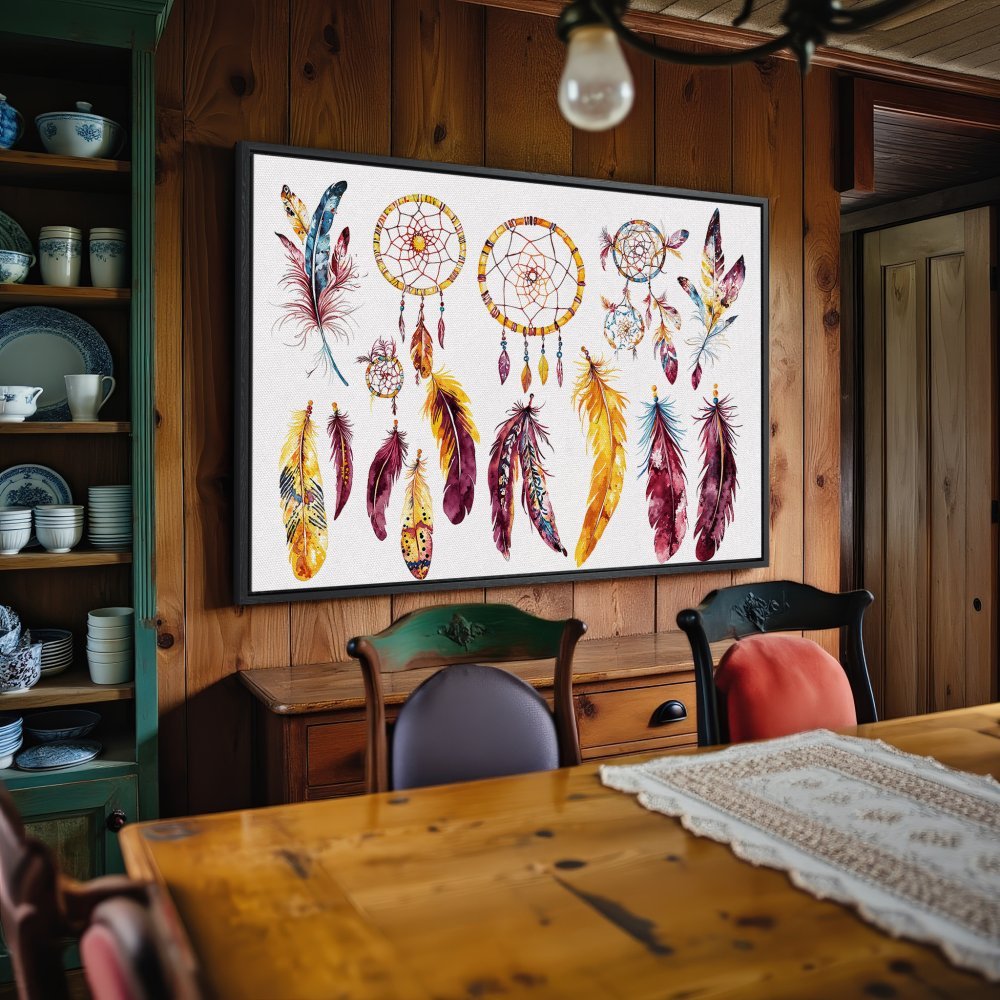 Framed Wall Art: Watercolor feathers and dream catchers in warm, earthy tones. Perfect boho style for your home decor.