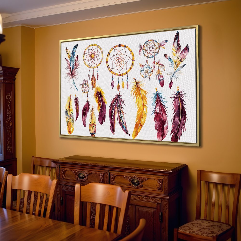 Canvas Print featuring watercolor dreamcatchers and feathers in warm, earthy tones. Bohemian wall art for your living room.