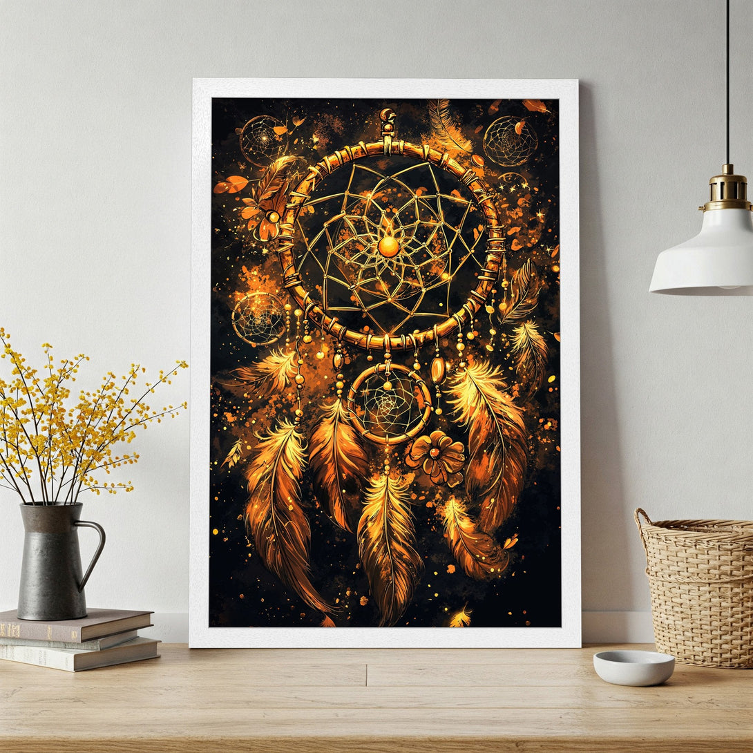 Framed Poster featuring a dreamcatcher design in a warm gold and black color palette. Perfect boho wall art!