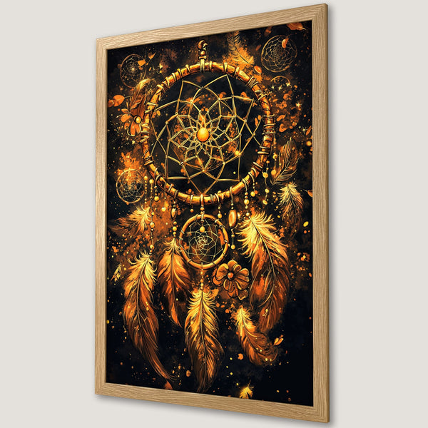 Framed Poster featuring a dreamcatcher design in a vibrant, artistic style with a warm gold and black color palette. Perfect wall art!