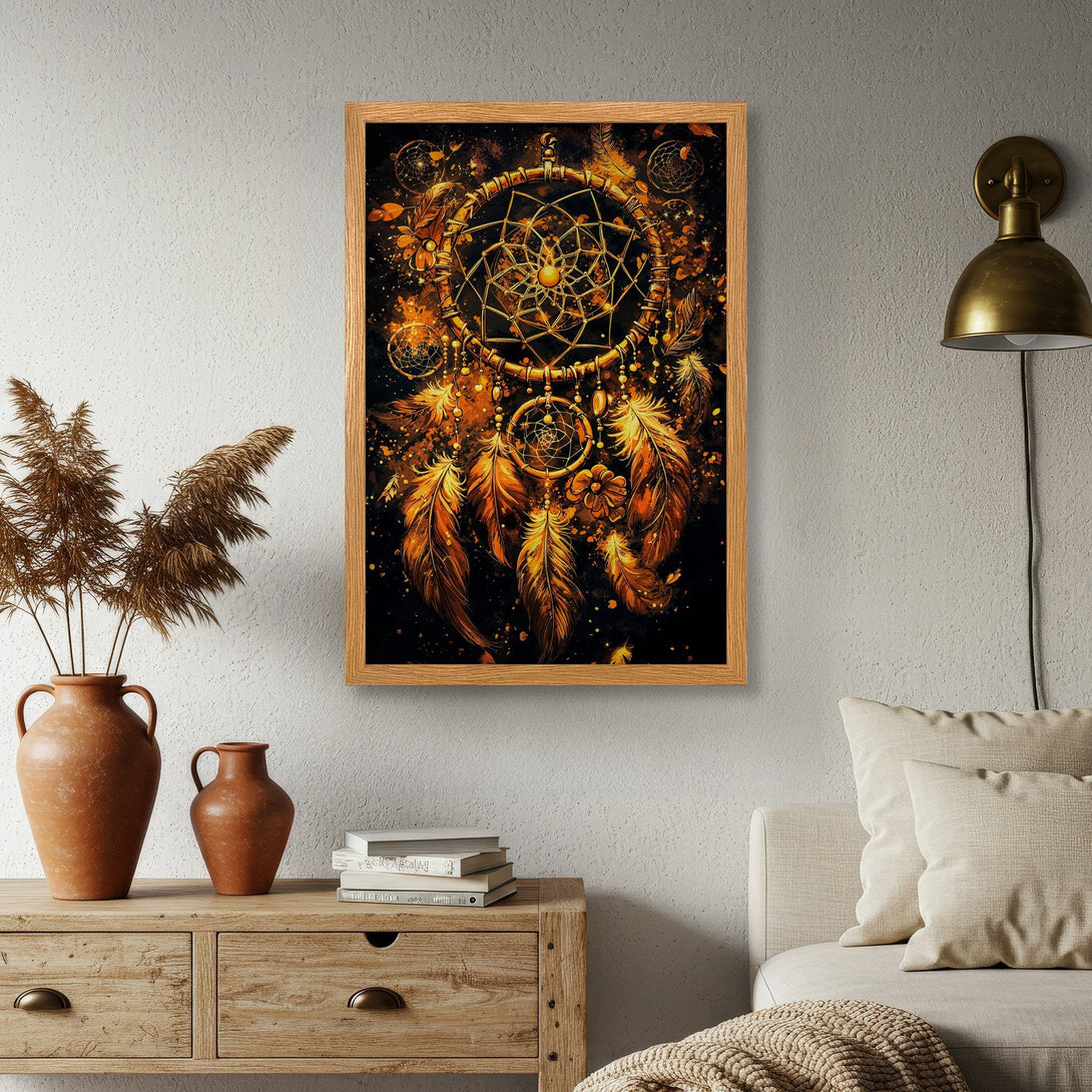 Framed Poster featuring a dreamcatcher design in warm gold and orange tones. Bohemian style wall art for a cozy home.