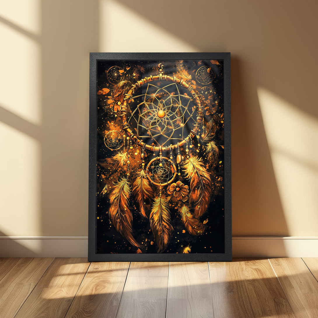 Framed Poster featuring a dreamcatcher design with gold and orange hues on a black background, perfect wall art.