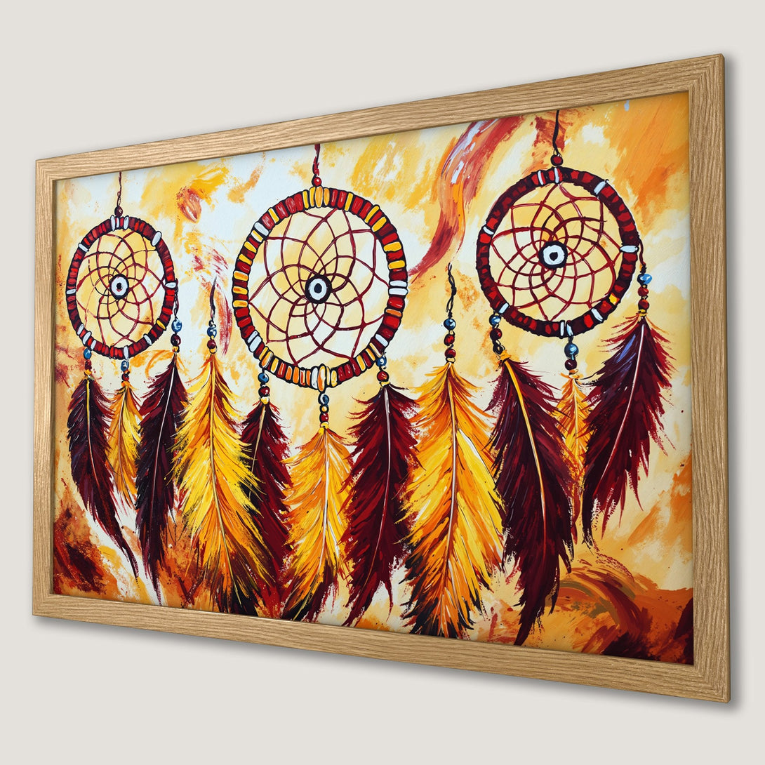 Framed Poster featuring dreamcatchers in a vibrant, abstract style with warm yellow, orange, and red tones. Add a touch of boho to your space!