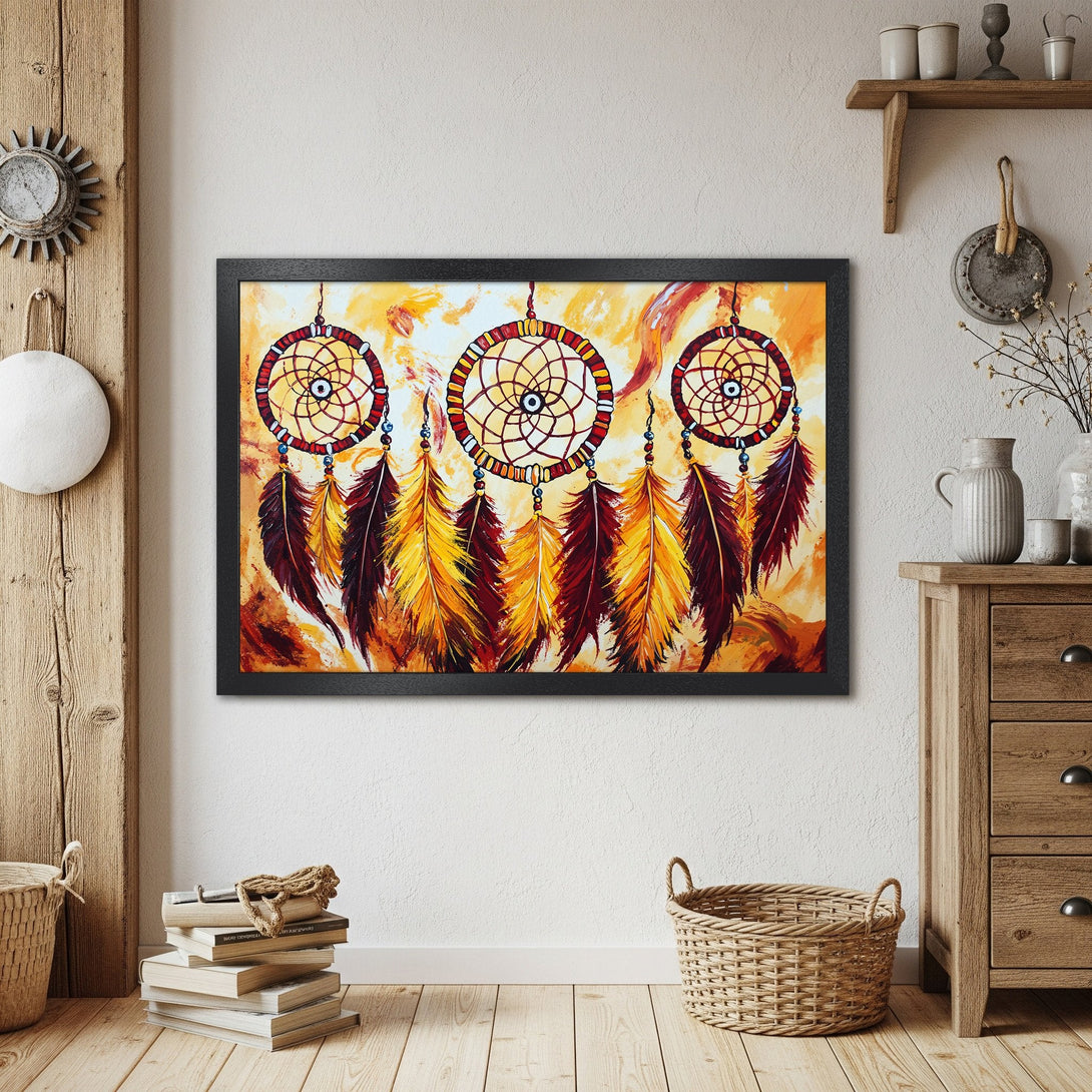 Framed Poster featuring dreamcatchers in warm yellow and red tones. Rustic style art for home decor.