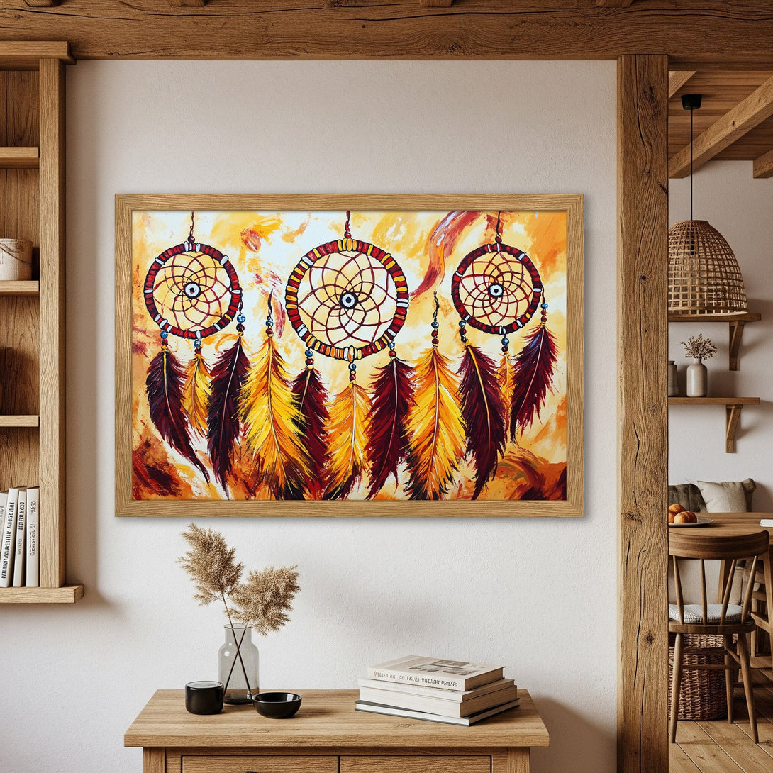 Framed Poster featuring a dreamcatcher design in warm, earthy tones. Perfect wall art for a boho-chic aesthetic.