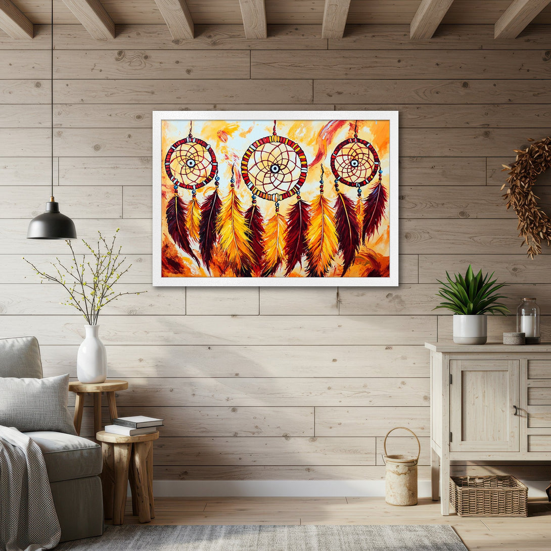 Framed Poster featuring dreamcatchers in a vibrant, warm color palette of orange, red, and yellow, perfect for bohemian decor.