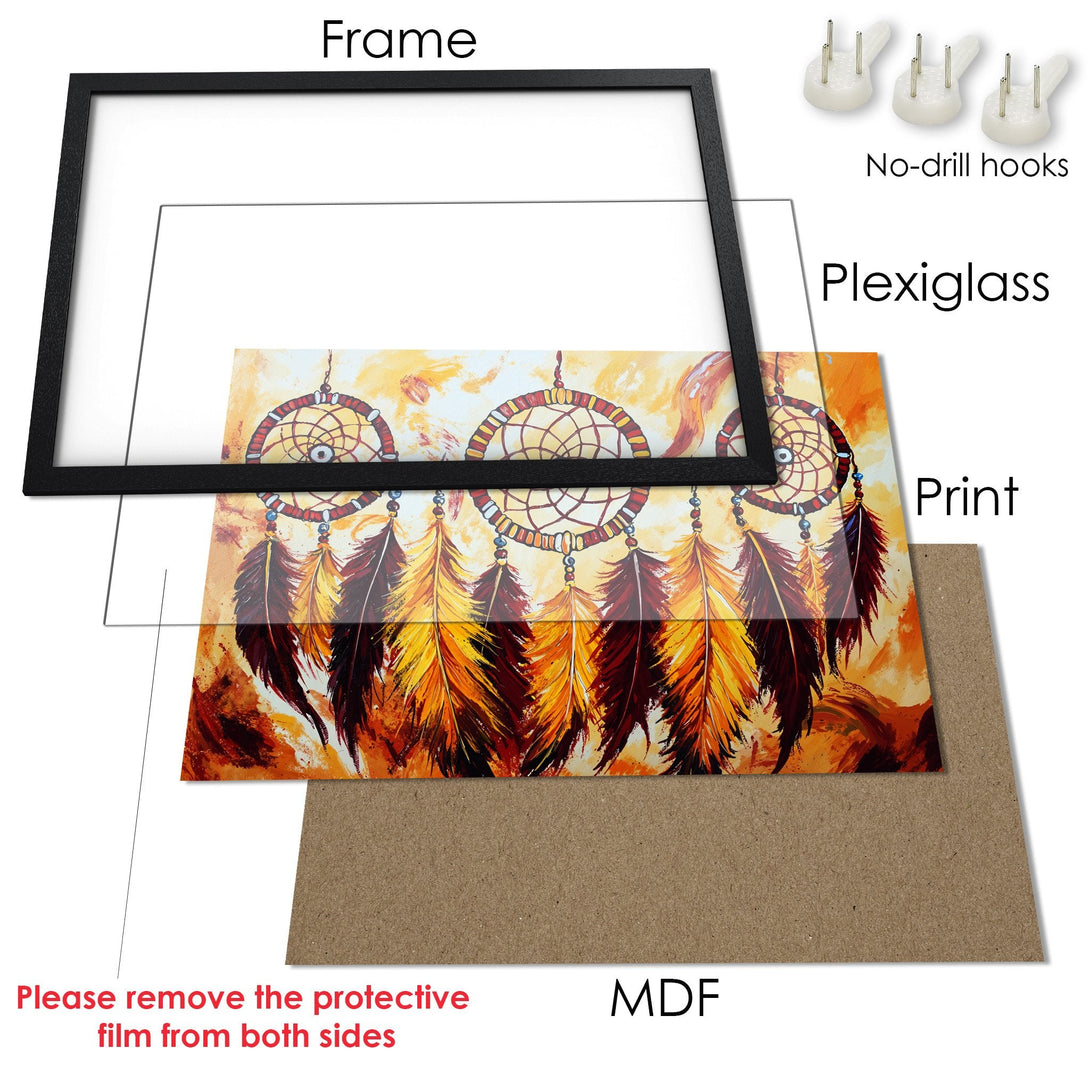 Framed Poster featuring a dreamcatcher in warm orange and yellow tones. Artistic style, perfect wall art for any space.