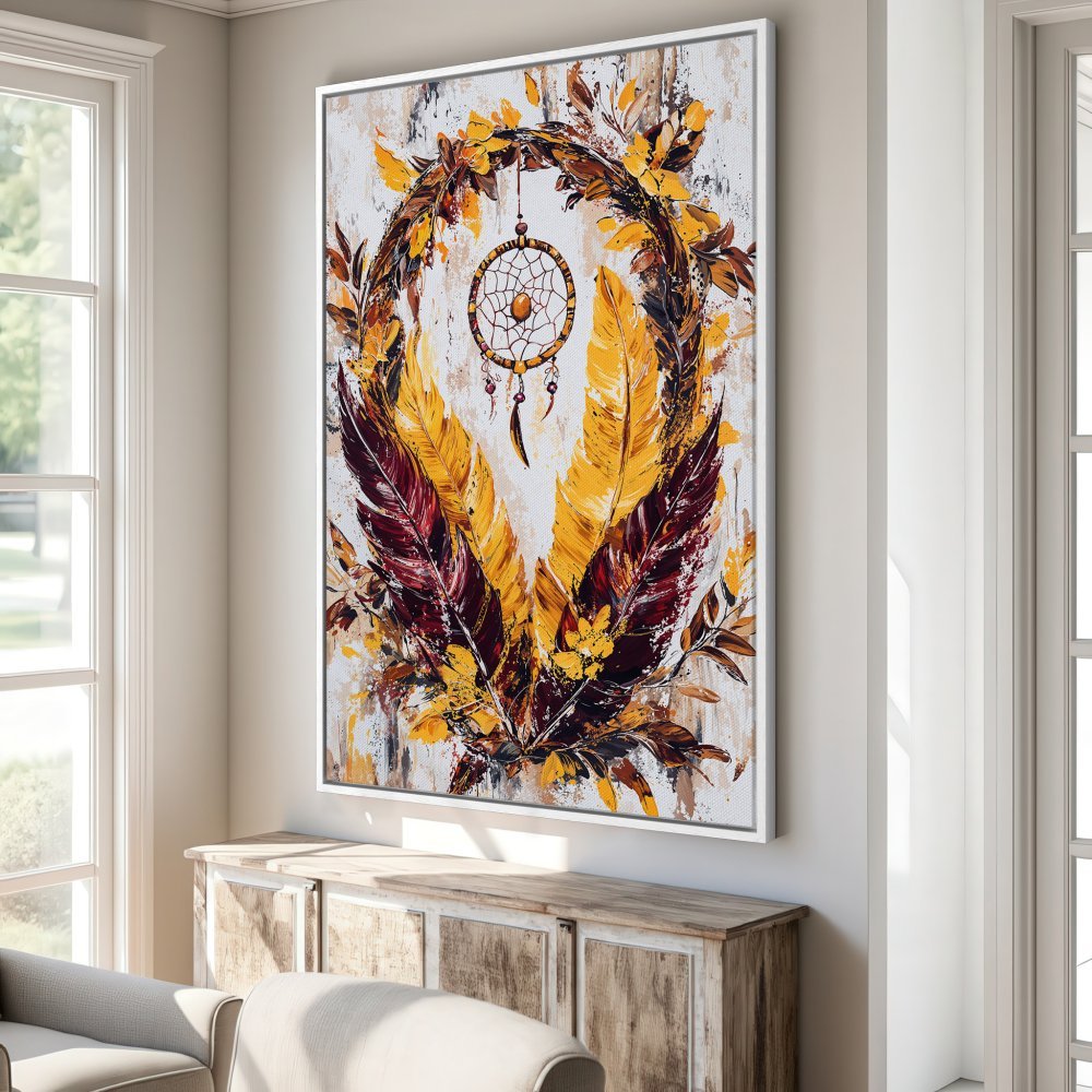 Framed Wall Art: Dreamcatcher painting in warm yellow & burgundy hues. Modern style canvas print perfect for living room decor.
