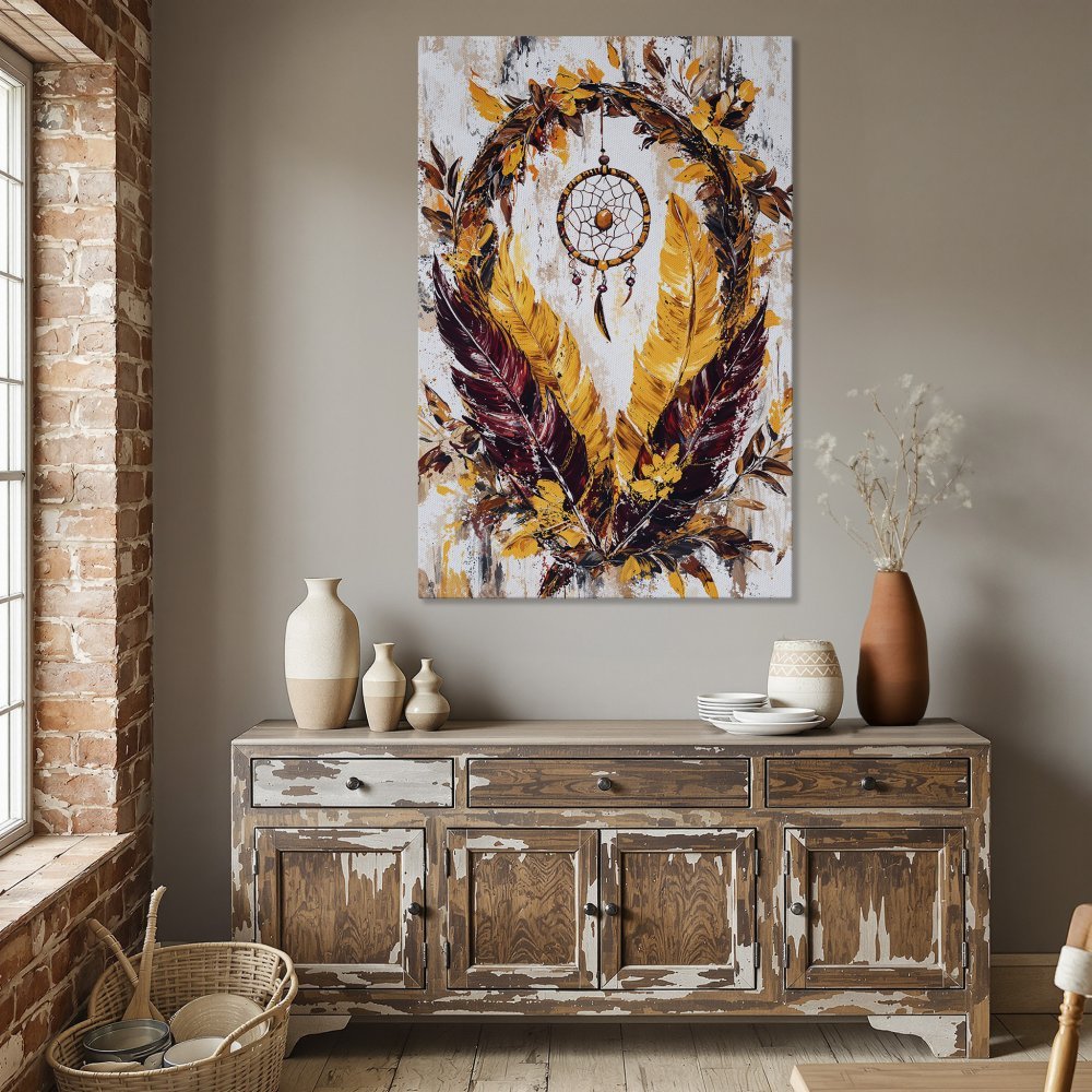 Framed Wall Art: Dreamcatcher painting with feathers in warm yellow, red, and brown tones. Perfect for boho home decor.