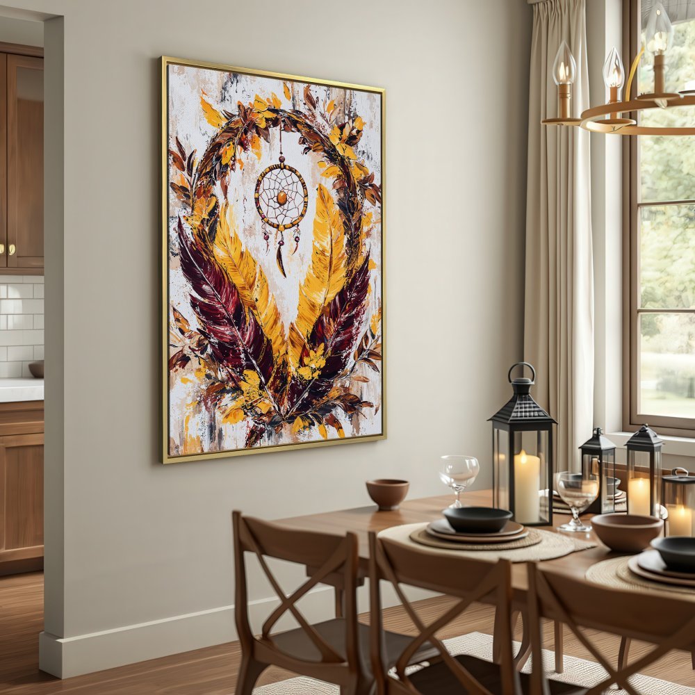 Canvas Print: Dreamcatcher art with warm yellow & burgundy feathers. Boho style wall decor for a cozy interior.