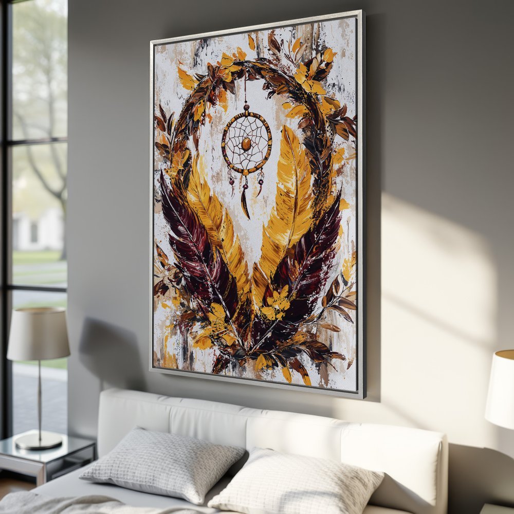 Framed Wall Art: Dreamcatcher canvas print in warm tones. Bohemian style artwork with feathers and a neutral color palette. Shop unique wall decor!
