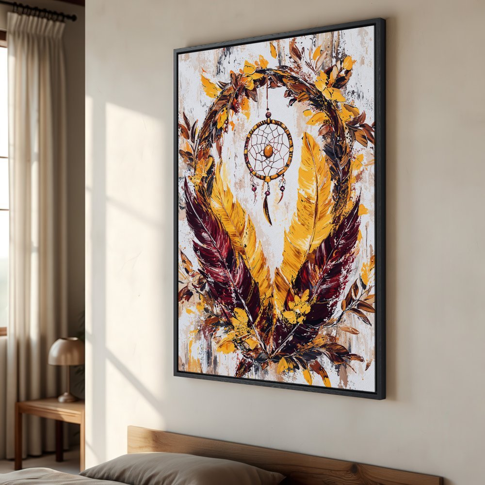 Framed Wall Art: Dreamcatcher canvas print in warm yellow and burgundy tones. Boho style art for bedroom decor.