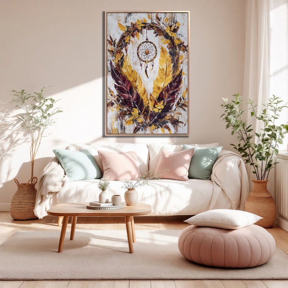 Framed Wall Art: Dreamcatcher canvas print in warm gold & burgundy tones, perfect for boho home decor. Adds a touch of elegance to any space!