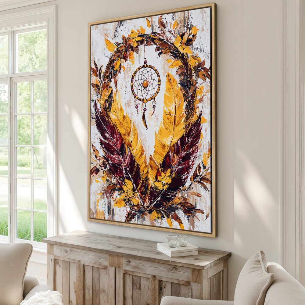 Framed Wall Art: Dreamcatcher canvas print with warm yellow, orange, and burgundy feather artwork, perfect for bohemian home decor.