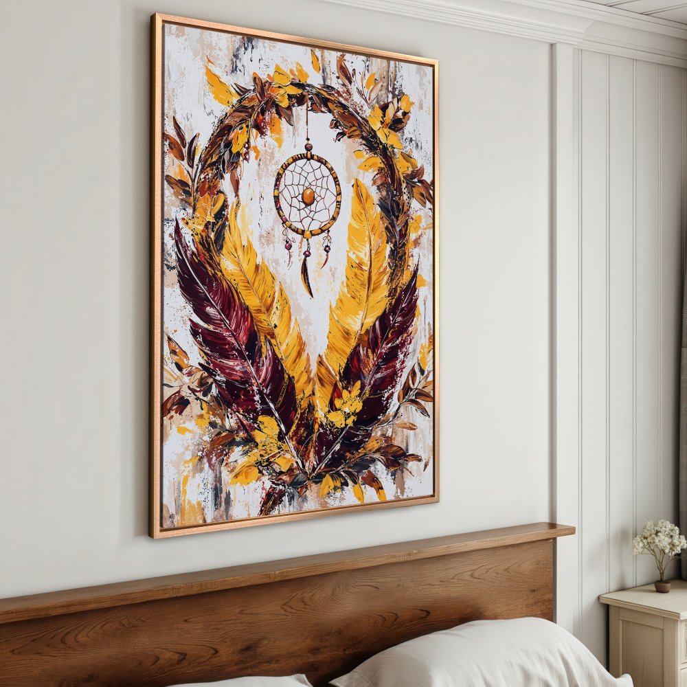 Framed Wall Art: Dreamcatcher painting with feathers in warm yellow, burgundy, and brown tones. Perfect boho decor for a cozy bedroom.