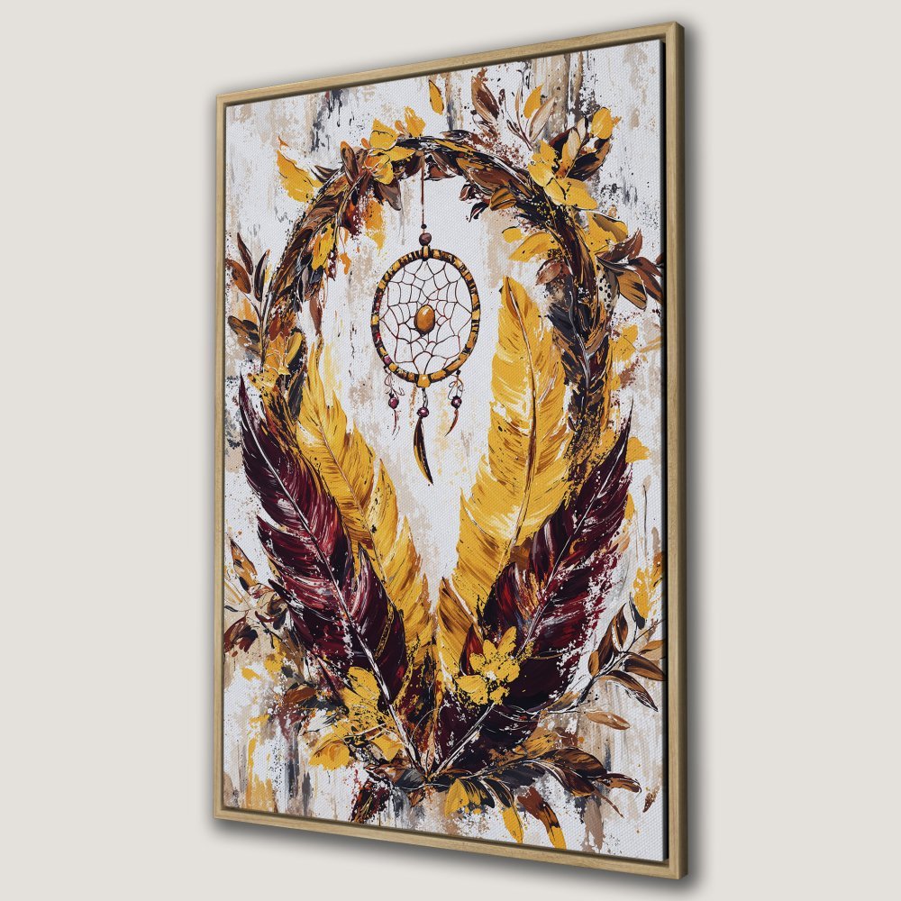 Framed Wall Art: Dreamcatcher with feathers in warm yellow, brown, and burgundy tones. Boho style canvas print perfect for adding a touch of nature to your home.