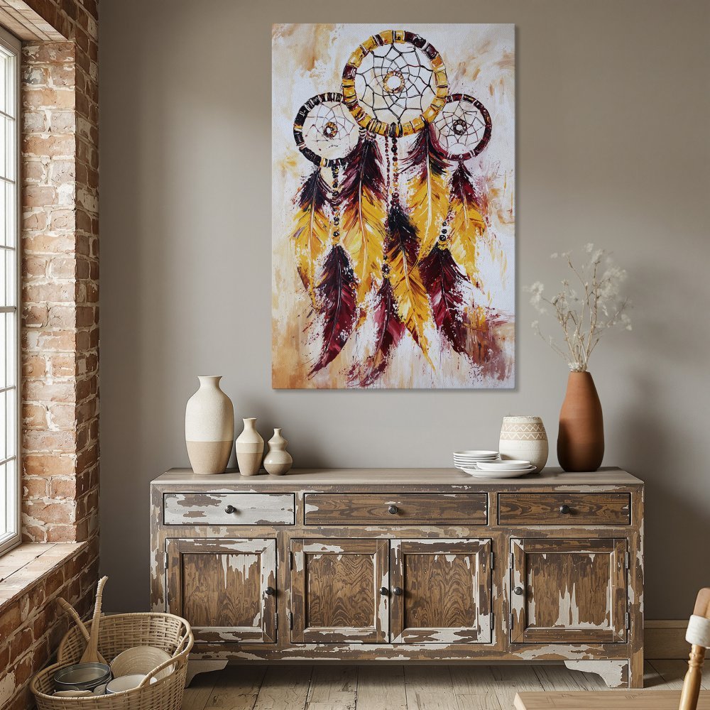 Framed Wall Art: Dreamcatcher Canvas Print in warm yellow & red tones. Boho style art for living room or dining room decor.
