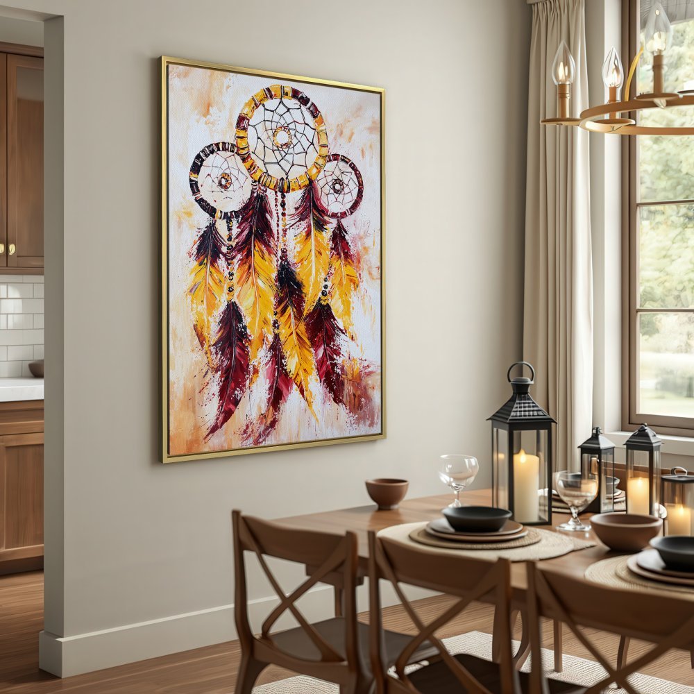 Canvas Print featuring a vibrant dreamcatcher painting with warm yellow and burgundy tones, perfect wall decor.