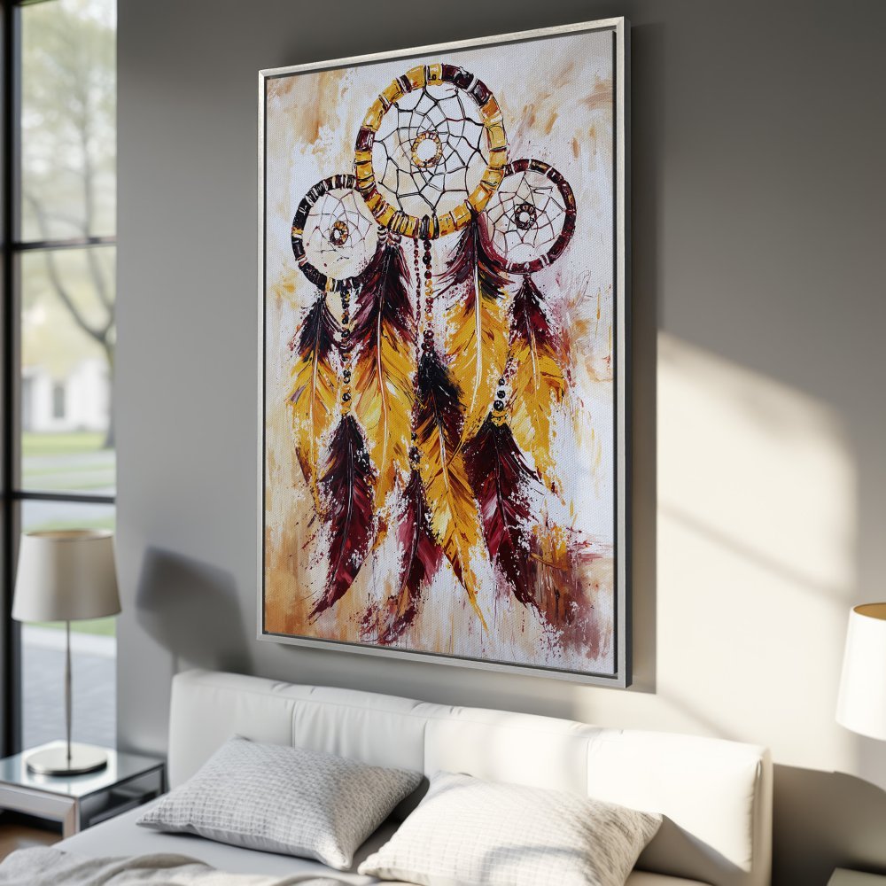 Framed Wall Art: Dreamcatcher painting in warm yellow and burgundy tones. Add bohemian style to your bedroom decor with this canvas print.