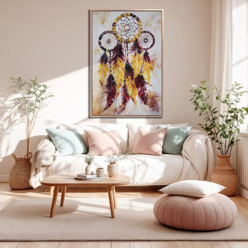 Framed Wall Art: Dreamcatcher painting in warm yellow and burgundy tones. Boho style canvas print adds cozy charm to living room decor.