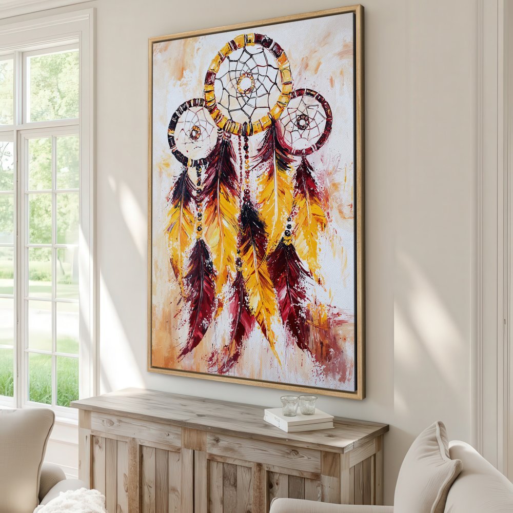 Framed Wall Art: Dreamcatcher canvas print with warm yellow, red, and brown tones. Perfect for boho home decor.