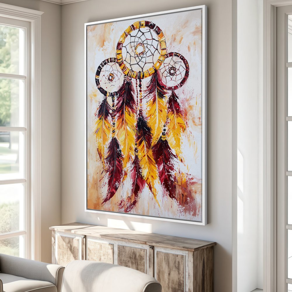 Framed Wall Art: Dreamcatcher painting with vibrant yellow & burgundy feathers. Add bohemian flair to your space with this stunning Canvas Print!