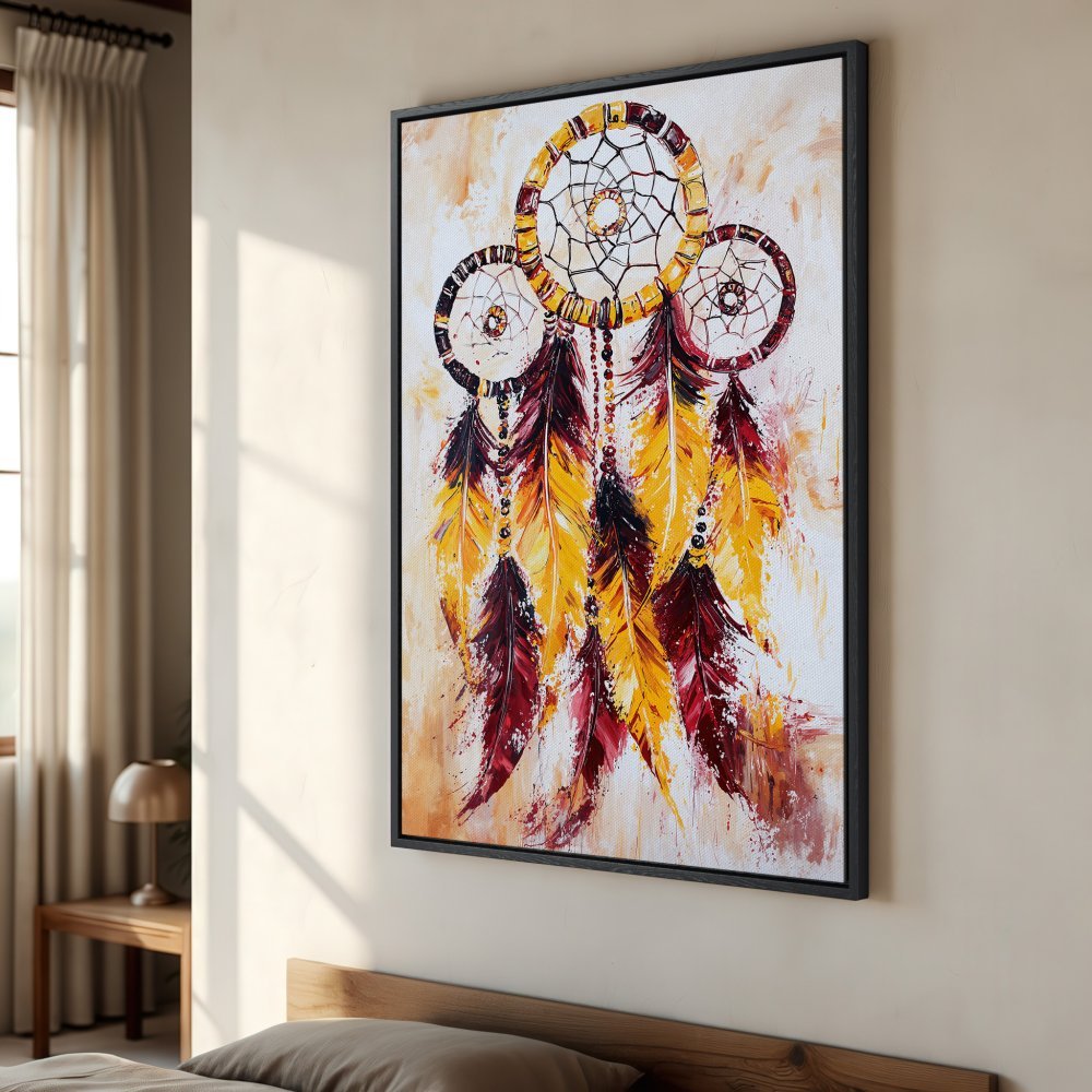 Framed Wall Art: Dreamcatcher painting in warm yellow, red, and brown tones. Bohemian style Canvas Print perfect for bedroom decor.