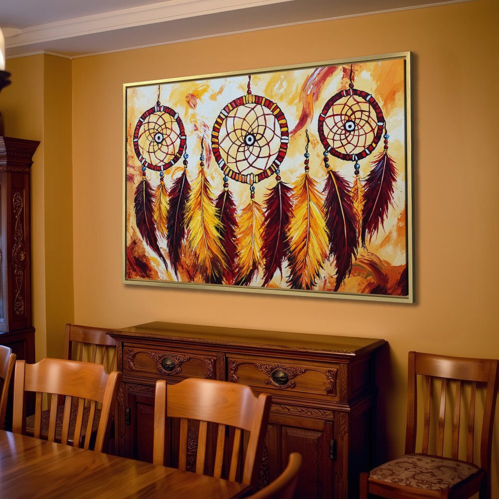 Canvas Print featuring a dreamcatcher design in warm yellow and brown tones, perfect for boho decor.