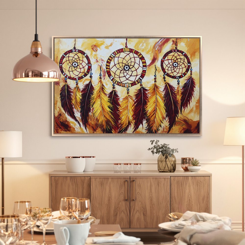 Framed Wall Art: Dreamcatcher painting with warm yellow, red, and brown tones. Perfect for adding bohemian style to your home decor.