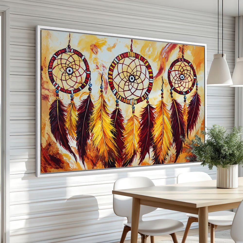 Framed Wall Art: Dreamcatcher Canvas Print in warm yellow & red tones. Bring bohemian style to your home! Shop now for unique wall decor.
