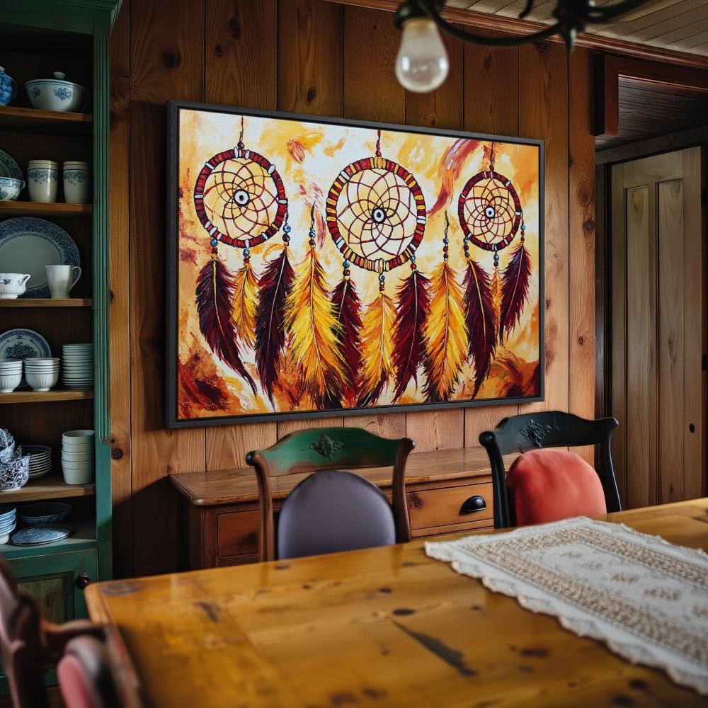 Framed Wall Art: Dreamcatcher Canvas Print in warm yellow, orange, and red tones. Bohemian style art perfect for living room or bedroom decor.