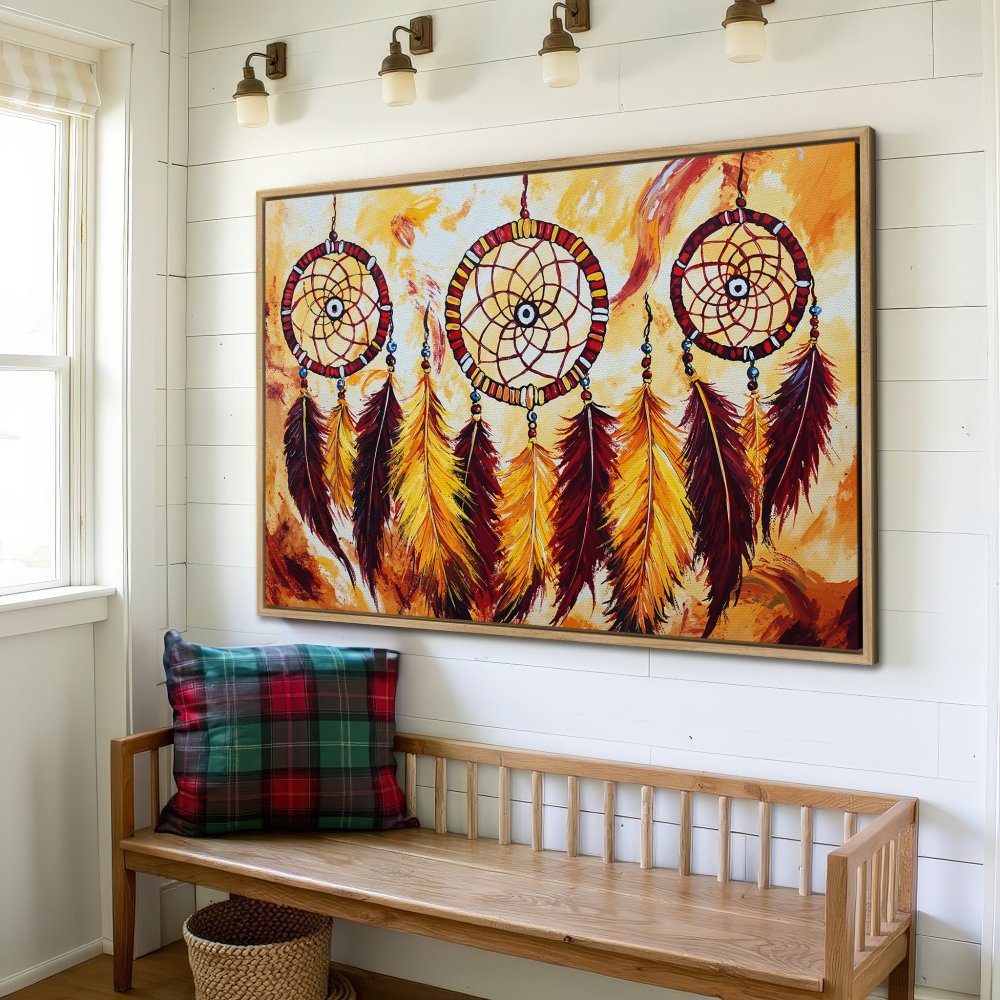 Framed Wall Art: Dreamcatcher canvas print with warm orange, yellow, and red tones. Bohemian style art for living room or bedroom decor.