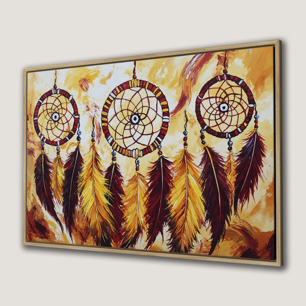 Canvas Print of dreamcatchers in warm yellow, red, and brown tones. Boho style wall art perfect for any room!