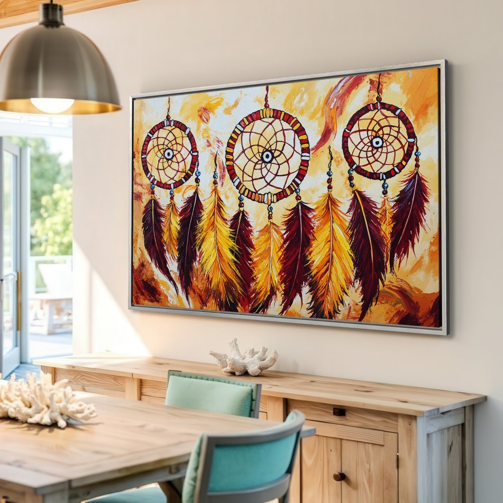Framed Wall Art: Dreamcatcher painting in warm orange and red tones. Add bohemian style to your home with this vibrant canvas print!