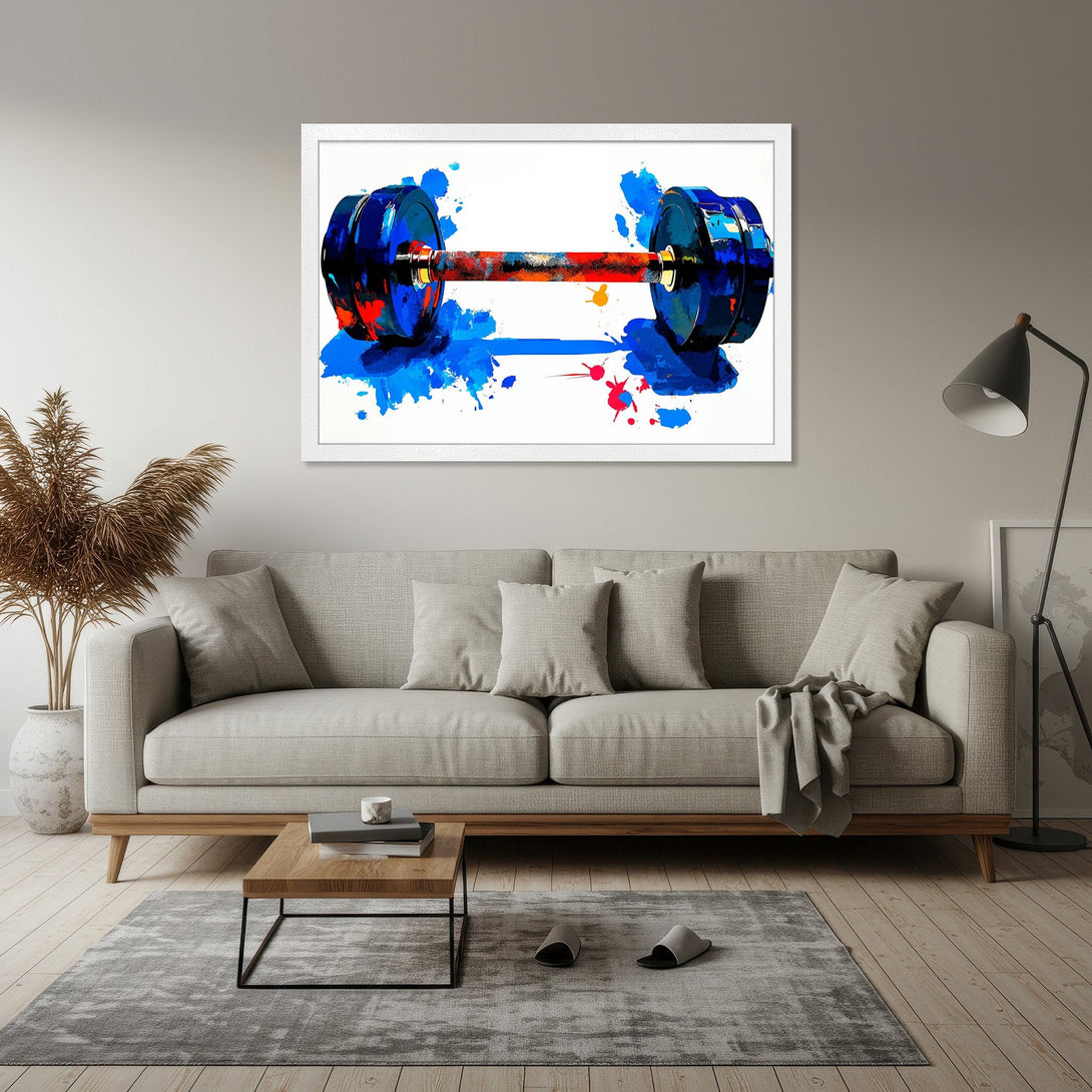 Framed Poster featuring a vibrant watercolor barbell design in blue, orange, and red. Modern art for your home decor.