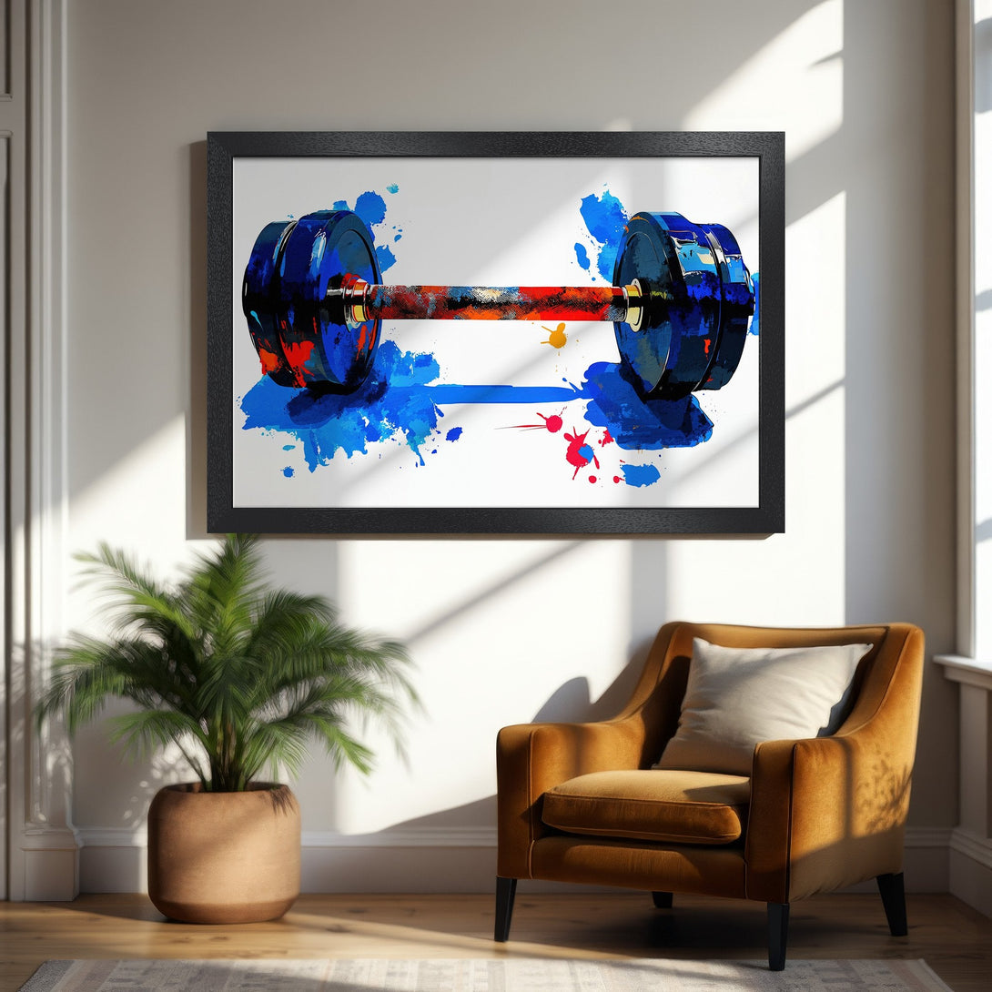 Framed Poster featuring a vibrant dumbbell art print. Bold blue, red, and orange color palette, perfect for gym decor.