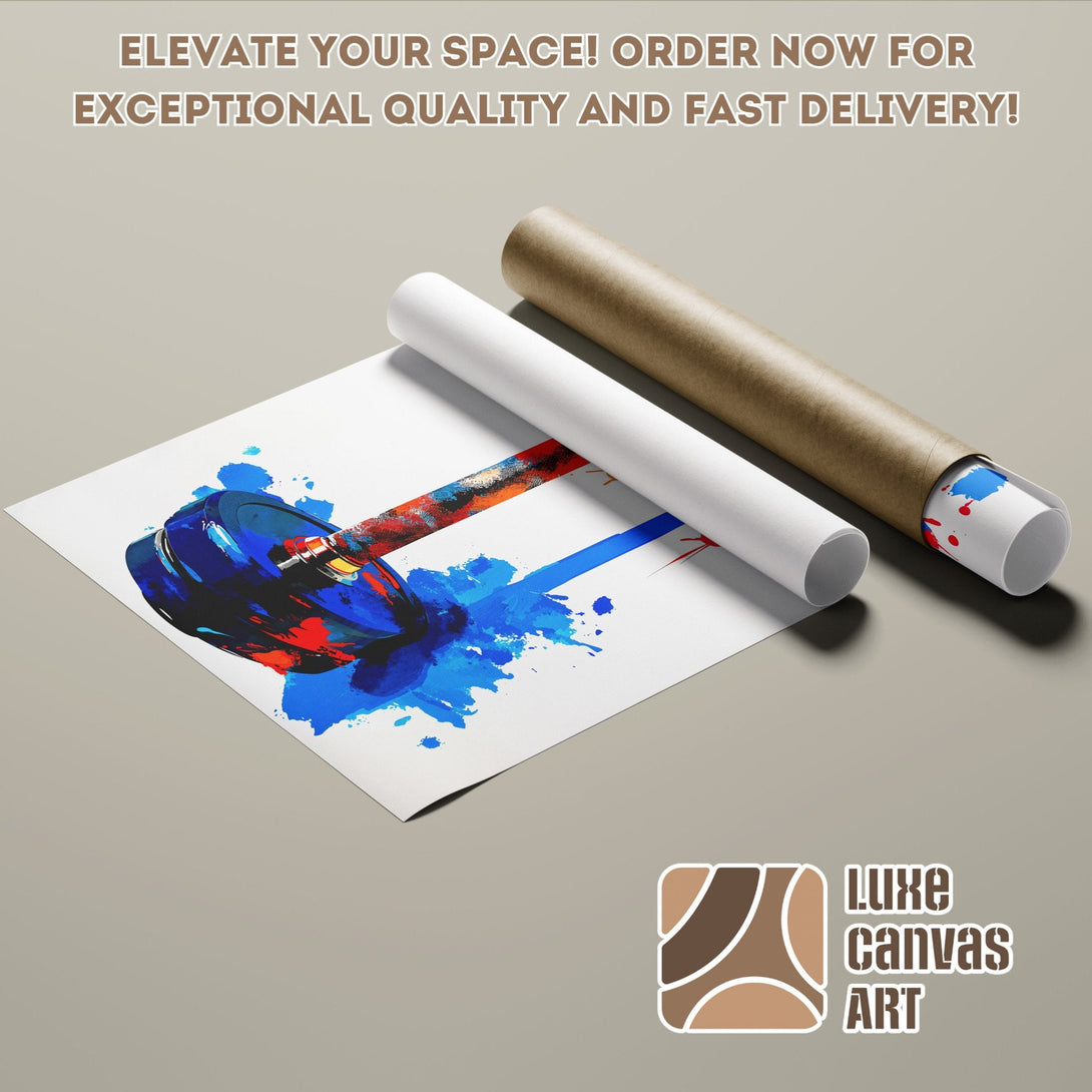 Abstract art Poster Roll in blue, red, and white. Elevate your space with our art!