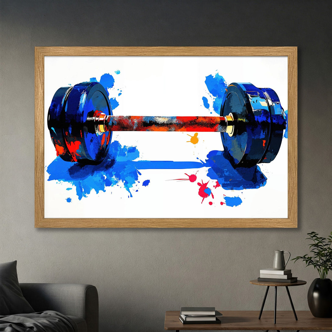 Framed Poster: Abstract dumbbell art in blue, red, and orange. Perfect gym decor. Add style to your workout space with this vibrant poster.
