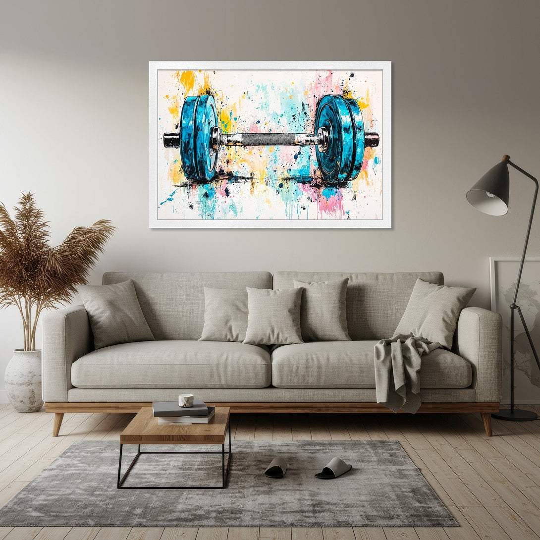 Framed Poster featuring a vibrant watercolor barbell in blue, yellow, and pink. Modern art style with a colorful, energetic palette. Perfect for gym decor.