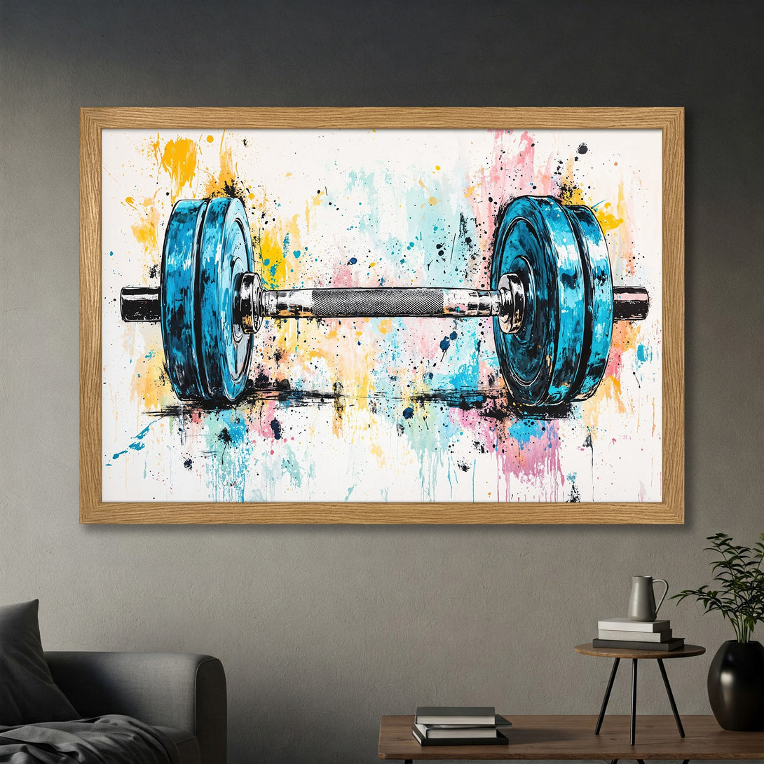 Framed Poster of a dumbbell in a colorful, abstract style with blue, yellow, and pink paint splatters. Perfect for home gym decor.