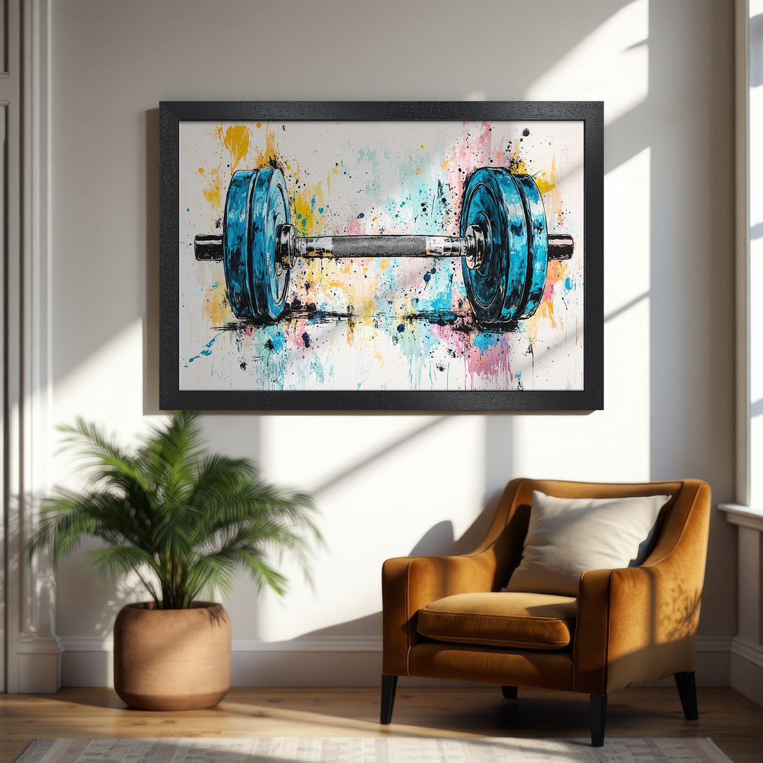 Framed Poster featuring a vibrant dumbbell art print. Abstract style with blue, yellow, and pink splashes of color. Perfect for home gym decor.