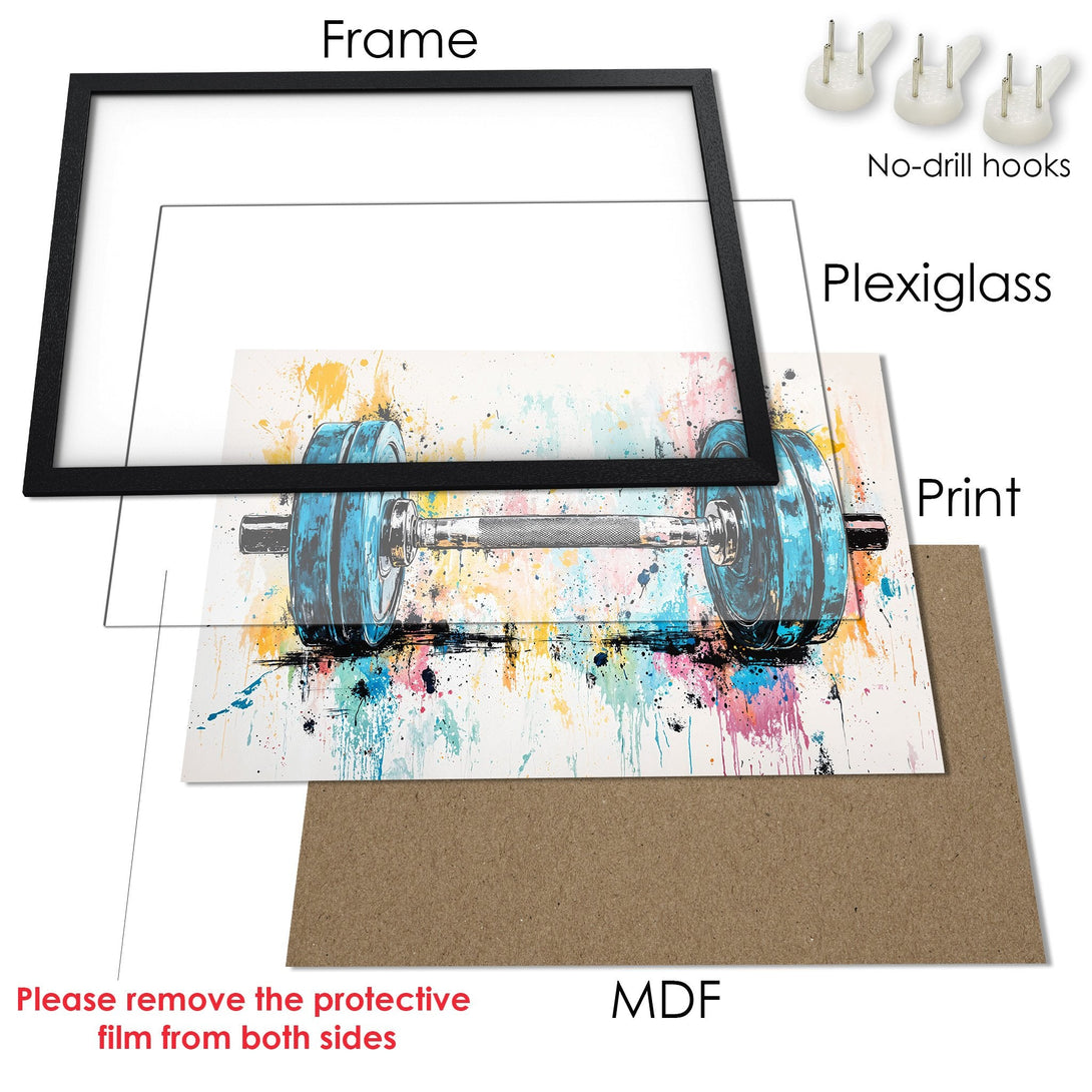 Framed Poster featuring a vibrant watercolor-style barbell design with a colorful splash palette. Perfect for gym decor!