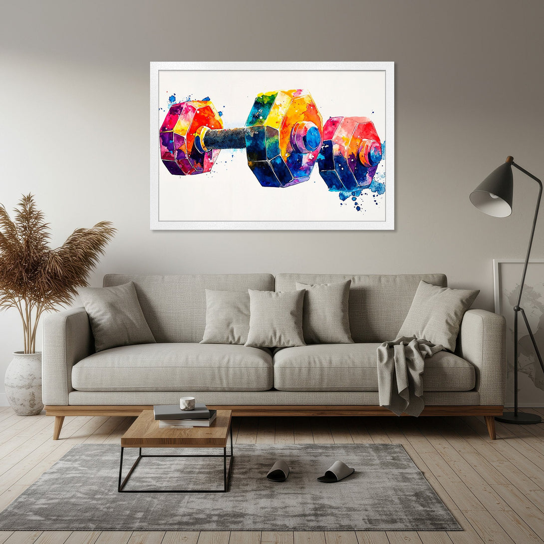 Framed Poster of a watercolor dumbbell in vibrant colors. Perfect for gym or home decor!