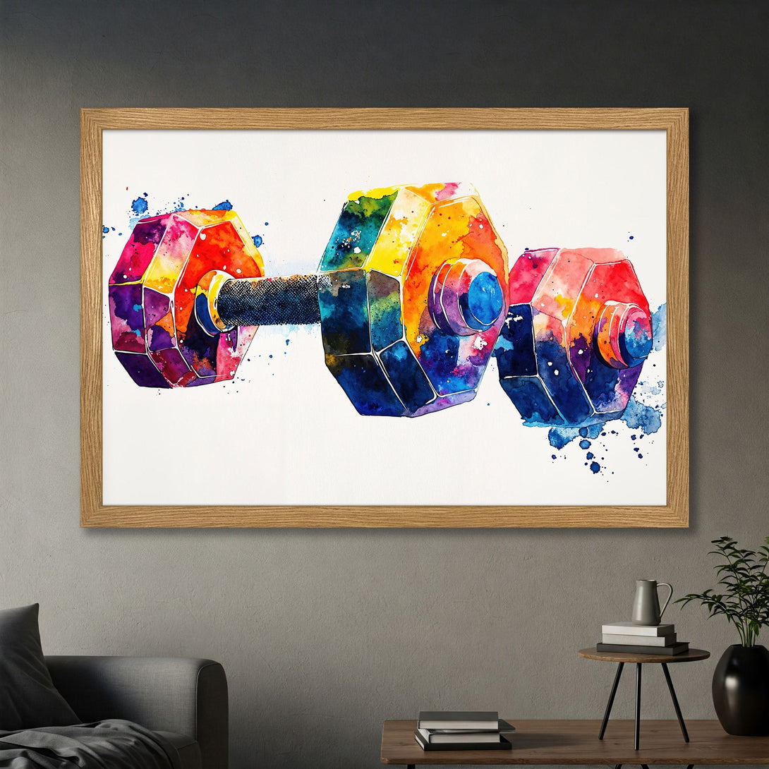 Framed Poster of a watercolor dumbbell in vibrant rainbow colors. Perfect fitness decor for your home gym!