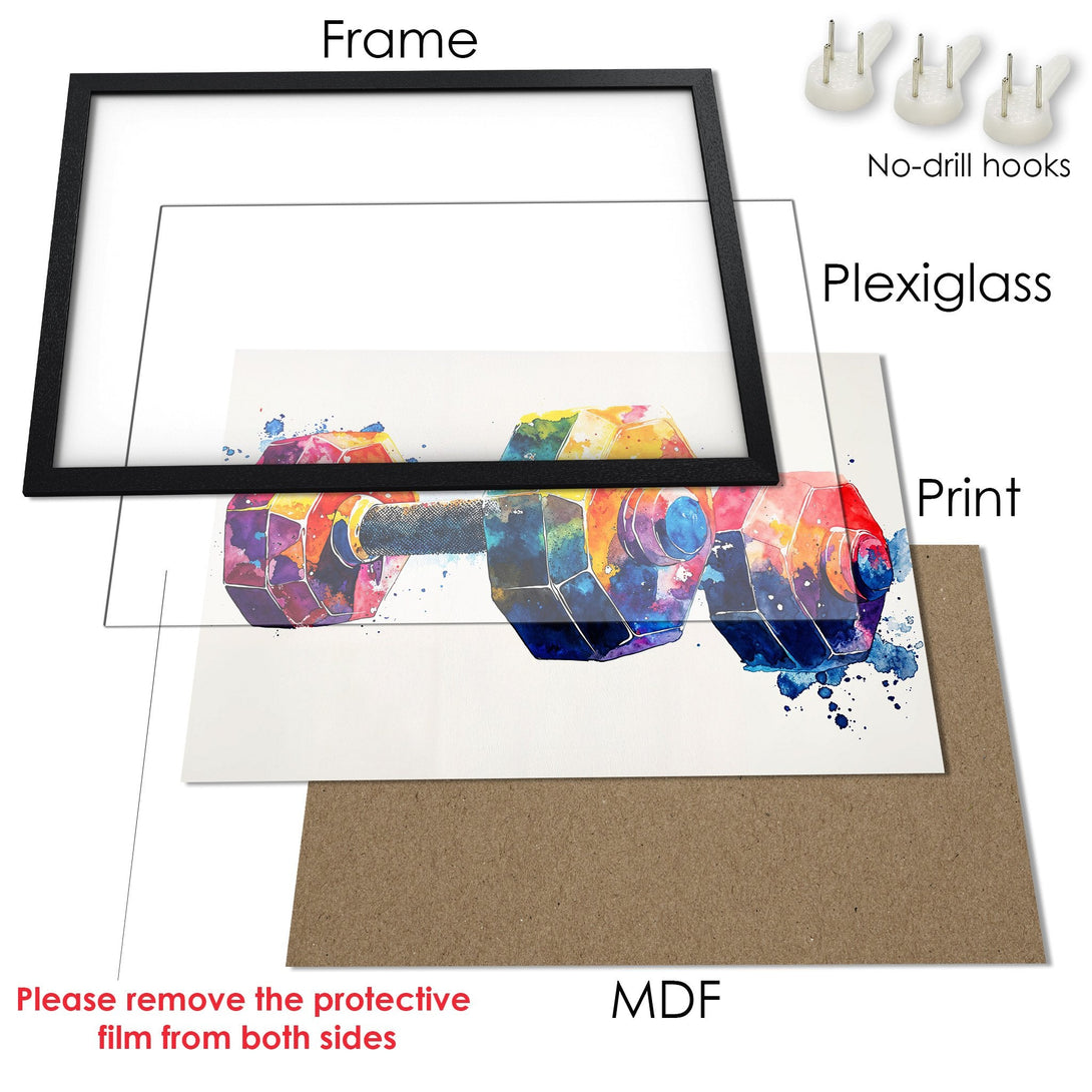 Framed Poster of a watercolor dumbbell in vibrant colors. Perfect fitness decor! Add a splash of art to your workout space with this stunning Poster.
