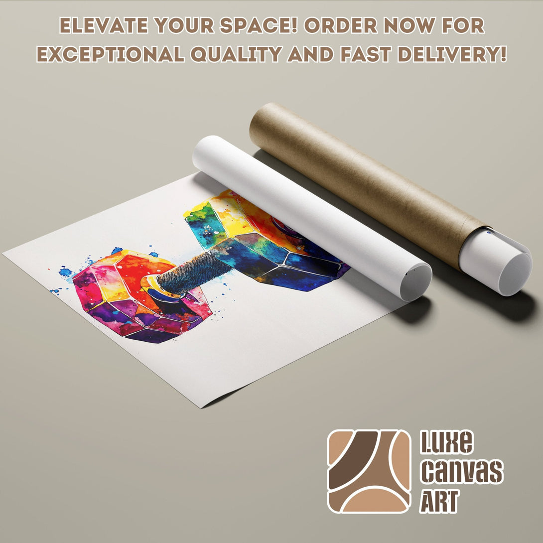 Dumbbell Poster Roll, watercolor style, vibrant rainbow colors, perfect for gym decor. Order now!