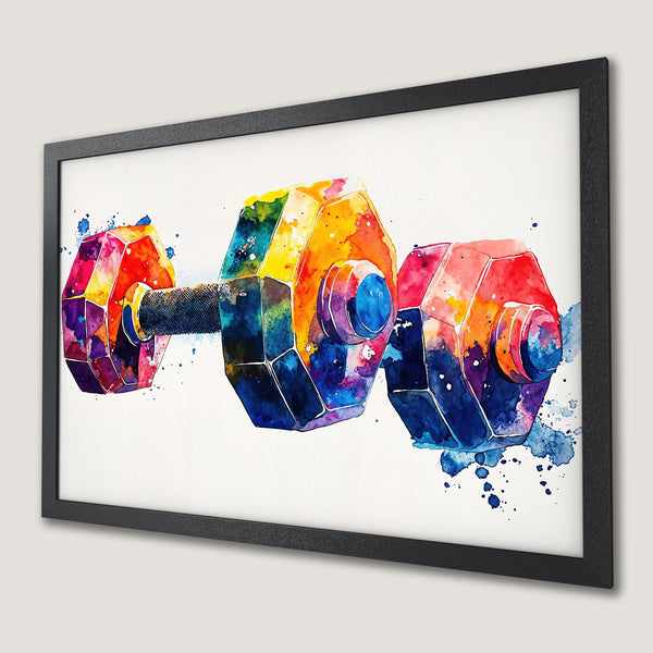 Framed Poster of a colorful watercolor dumbbell. Vibrant art with a rainbow palette, perfect for gym decor.