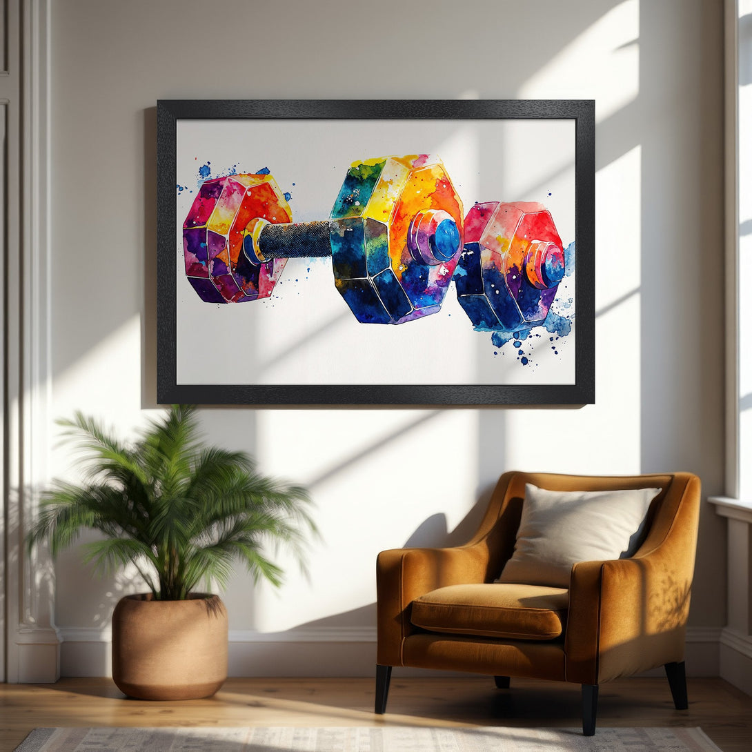 Framed Poster featuring a watercolor dumbbell in vibrant rainbow colors. Perfect gym decor! Modern art with a colorful palette.